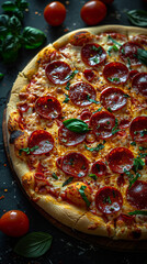 Vertical portrait oriented photograph of a pepperoni pizza on a dark background