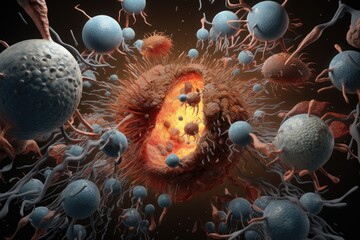 A surreal 3D depiction of a battle within the human spleen, with macrophages and lymphocytes defending against invading pathogens, accurate anatomy - obrazy, fototapety, plakaty