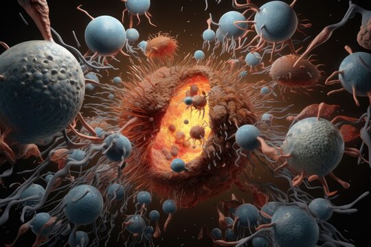 A surreal 3D depiction of a battle within the human spleen, with macrophages and lymphocytes defending against invading pathogens, accurate anatomy