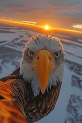 a bald eagle flying over the arctic pole at sunset - 787161805