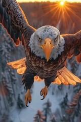a bald eagle flying over the arctic pole at sunset - 787161823