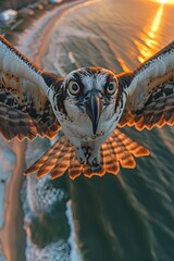 an osprey flying over the beach at sunset, taking an extreme closeup selfie - 787161825