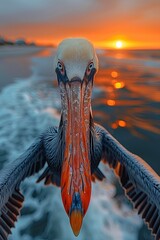 pelican flying over the beach at sunset - 787161830