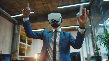 Businessman wearing shirt and suit working while using a VR headset. attractive gesture pose. in office room.
