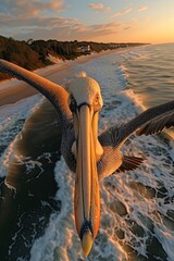 pelican flying over the beach at sunset - 787161833