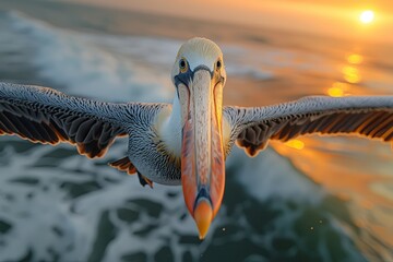 pelican flying over the beach at sunset - 787161837