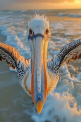 pelican flying over the beach at sunset - 787161840