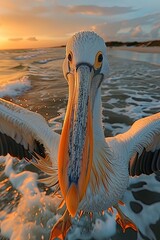 pelican flying over the beach at sunset - 787161847
