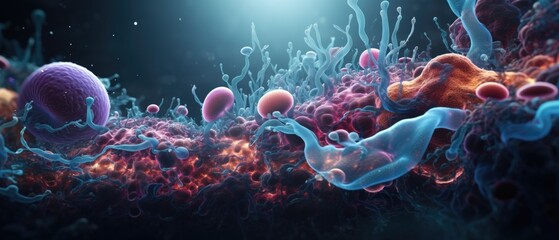 A vibrant 3D animation of a microscopic battlefield within the stomach, featuring enzymes and stomach acids clashing with invasive bacteria, clear lighting - obrazy, fototapety, plakaty