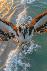 an osprey flying over the beach at sunset, taking an extreme closeup selfie - 787161855