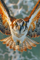 an osprey flying over the beach at sunset, taking an extreme closeup selfie - 787161861