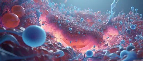 Foto op Plexiglas A vibrant and surreal 3D animation within the thyroid gland, depicting cells fighting against hormonal imbalances, no shadow © Pungu x