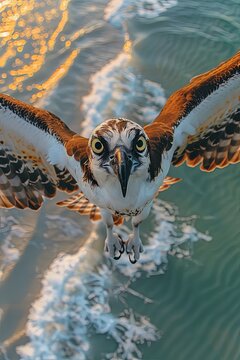 an osprey flying over the beach at sunset, taking an extreme closeup selfie