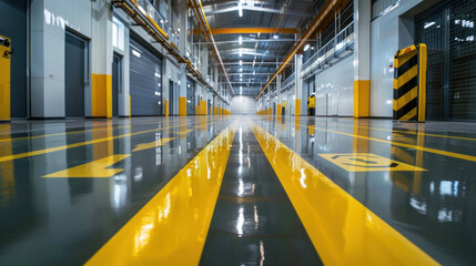 Epoxy floor in the factory building features traffic symbols, ensuring safety and organization within the facility.