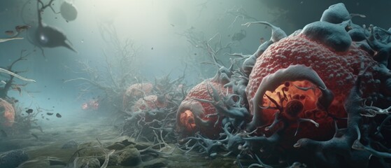 An imaginative 3D depiction of a microscopic battle within the lungs, with immune cells fighting airborne viruses in a misty environment, accurate anatomy