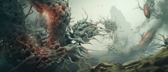 An imaginative 3D depiction of a microscopic battle within the lungs, with immune cells fighting airborne viruses in a misty environment, accurate anatomy - obrazy, fototapety, plakaty
