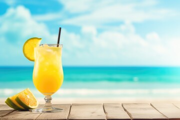 fresh yellow cocktail on tropical beach in summer