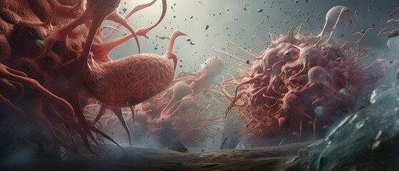 An imaginative 3D depiction of a microscopic battle within the lungs, with immune cells fighting airborne viruses in a misty environment, accurate anatomy - obrazy, fototapety, plakaty