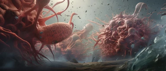 Foto op Plexiglas An imaginative 3D depiction of a microscopic battle within the lungs, with immune cells fighting airborne viruses in a misty environment, accurate anatomy © Pungu x