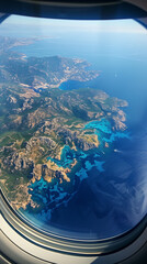 Vertical portrait image showing the view out of an airplane window flying over a tropical island