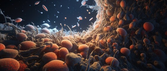 An intense 3D animation of a battle within the human hair follicles, depicting cells fighting off dandruff and scalp infections, medical illustration style - obrazy, fototapety, plakaty