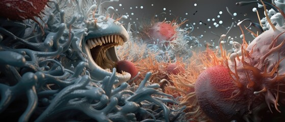 A detailed 3D scene of a microscopic battle within the liver, where detoxifying cells combat toxins in a toxic, colorful landscape, clear lighting - obrazy, fototapety, plakaty