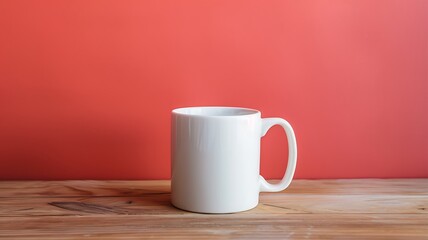 Blank white mug on wooden table isolated on salmon colour background