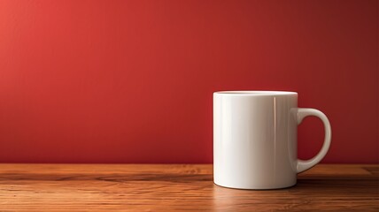 Blank white mug on wooden table isolated on fire break colour background