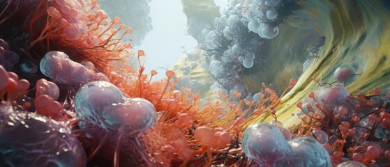 A detailed 3D scene of a microscopic battle within the liver, where detoxifying cells combat toxins in a toxic, colorful landscape, clear lighting - obrazy, fototapety, plakaty