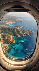 Vertical portrait image showing the view out of an airplane window flying over a tropical island