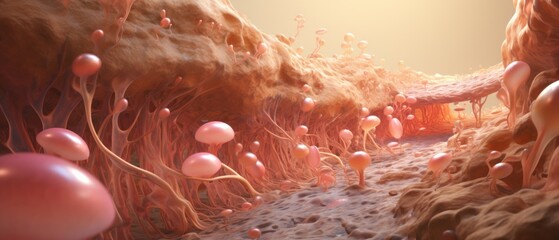A detailed 3D scene set within the human nails, showing cells combating fungal infections in a tough, keratinous environment, medical illustration style - obrazy, fototapety, plakaty