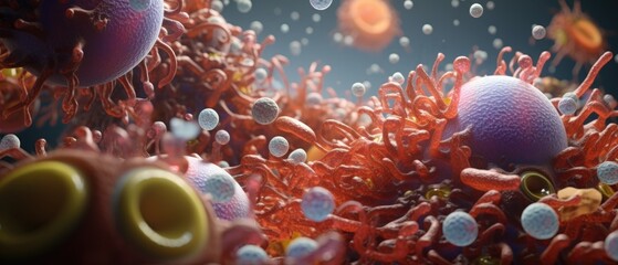 A dynamic 3D animated battle within the human taste buds, where cells defend against spoilt or toxic food agents, accurate anatomy - obrazy, fototapety, plakaty
