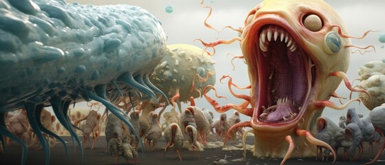 A dynamic 3D animated battle within the human taste buds, where cells defend against spoilt or toxic food agents, accurate anatomy