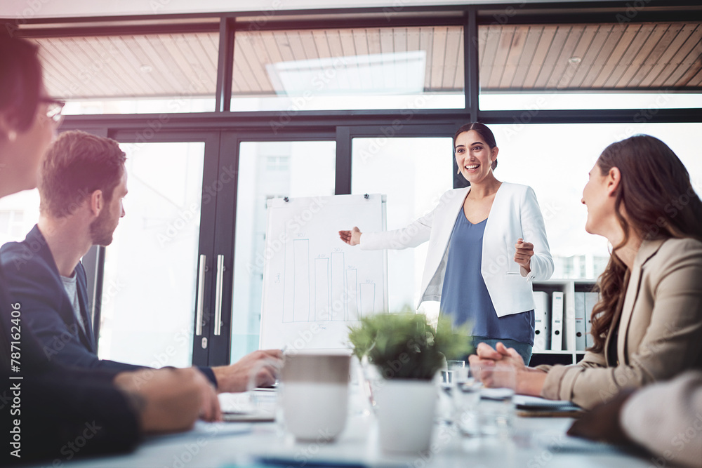Aufkleber Professional woman, white board and talking with team for presentation and career project ideas in meeting. Female analyst or speaker for training and happy with bar graph in research data statistics