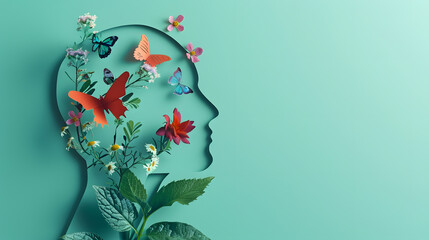 Cardboard silhouette of human head decorated with flowers and butterfly on mint background World mental health day concept Vertical banner Copy space : Generative AI