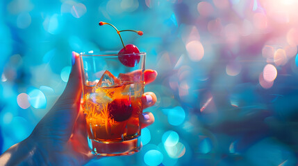 Women hand holding glass with drunk cherry cocktail over blue pop art background Copy space for ad...