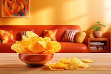 tasty chips in a bowl stand on table in livingroom
