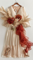 Vertical portrait image of a vintage dress hanging against a plain background