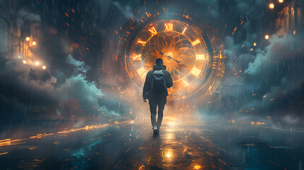 Modern man with backpack run to surrealistic clock giant, generative Ai