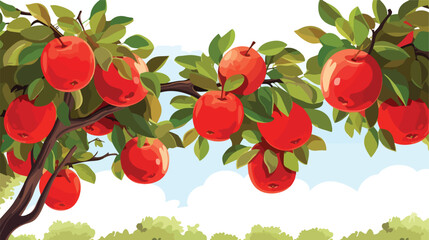Ripe apples hanging from a tree in an orchard flat Vector