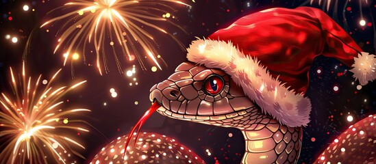 A digitally illustrated snake wearing a Santa hat is set against a backdrop of fireworks