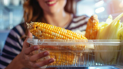 Young woman taking container with corn out of refriger