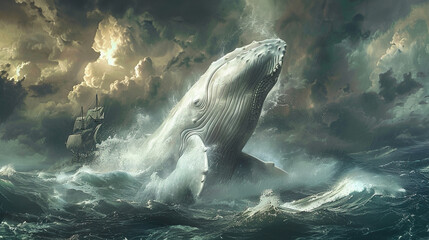 Moby Dick, the white whale, breaches against a stormy sea, Ahab's ship in pursuit, Illustrations.
