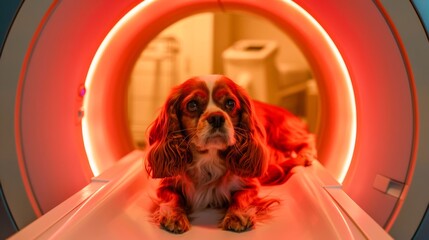 A Cavalier King Charles Spaniel appears intrigued inside an MRI scanner, casting a powerful, emotive gaze