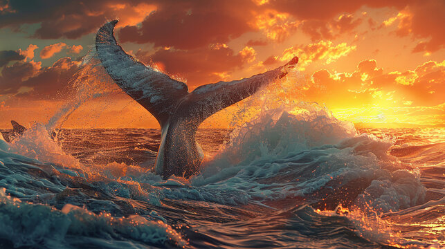 Moby Dick's tail, splashing a massive wave, near the Pequod, sunset on the horizon.