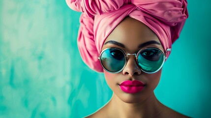 Striking portrait of a woman donning a vibrant pink headscarf, set against a cool turquoise backdrop, exuding a sense of mystery - obrazy, fototapety, plakaty