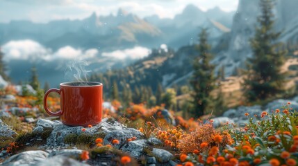 A hiking mug of hot tea with steam stands on a mountainside with a beautiful view of the mountain landscape