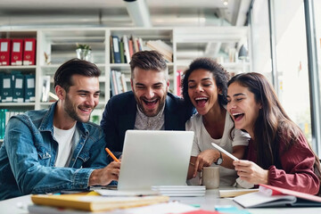 Obraz premium Group of people sitting around a laptop. Generative AI