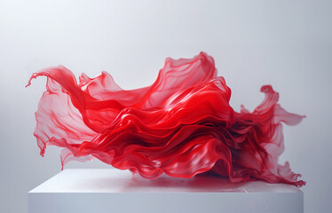 AI Generated Image. Red plastic textile shape on a white cube