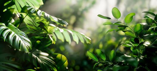 Fototapeta premium Tropical leaves pattern with monstera and palms - A vibrant pattern of tropical leaves featuring monstera, palms, and other greenery, ideal for backgrounds